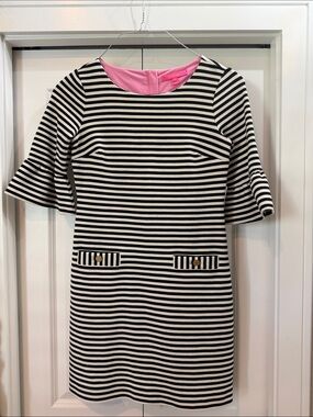 Lilly Pulitzer Black and White Striped Short Sleeve Shift Dress with Pink Lining